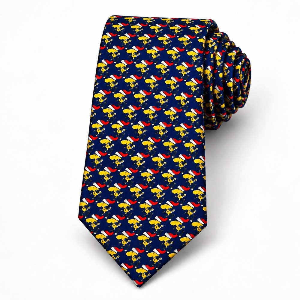 Vintage Peanuts Woodstock Christmas Tie Navy Blue Santa Hat Novelty Necktie